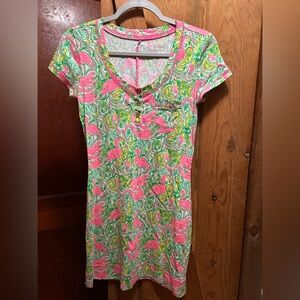 Lilly Pulitzer Flamingo Print Floral Pink and Green Women's Dress XS